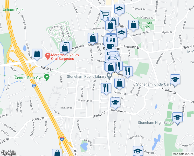 map of restaurants, bars, coffee shops, grocery stores, and more near 28 Maple Street in Stoneham