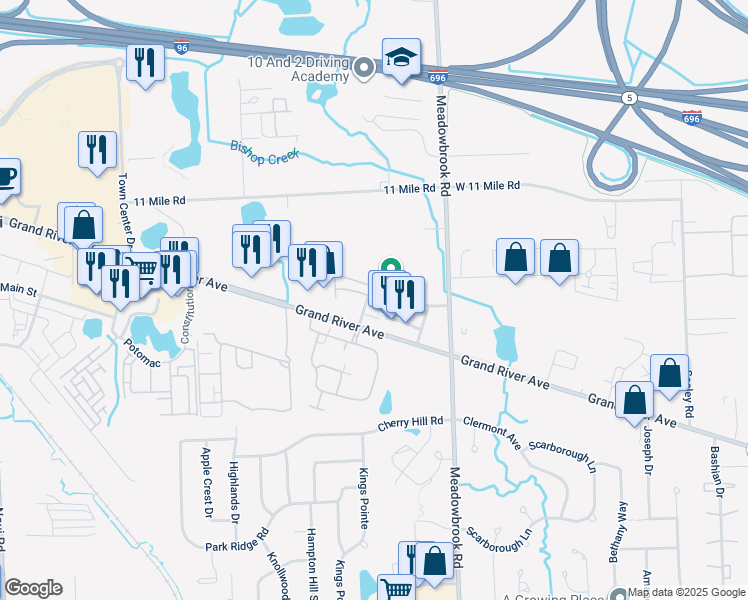 map of restaurants, bars, coffee shops, grocery stores, and more near 25626 Orianna Lane in Novi
