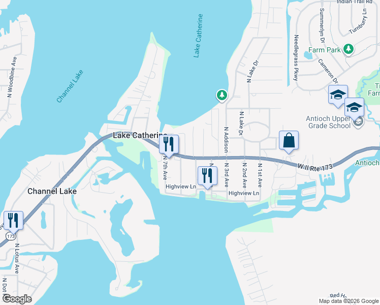 map of restaurants, bars, coffee shops, grocery stores, and more near 25408 West Il Route 173 in Antioch