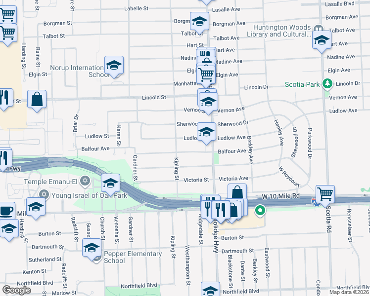 map of restaurants, bars, coffee shops, grocery stores, and more near 13741 Ludlow Street in Oak Park