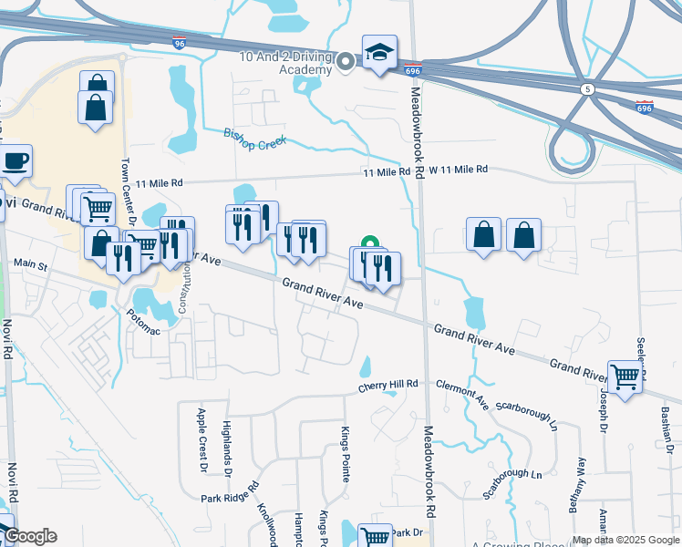 map of restaurants, bars, coffee shops, grocery stores, and more near 41664 Tera Lane in Novi