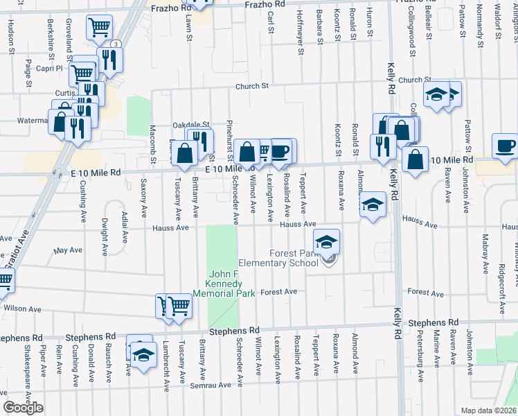 map of restaurants, bars, coffee shops, grocery stores, and more near 24877 Lexington Avenue in Eastpointe