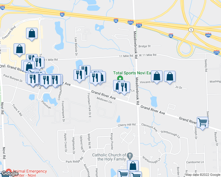 map of restaurants, bars, coffee shops, grocery stores, and more near 41614 Tera Lane in Novi