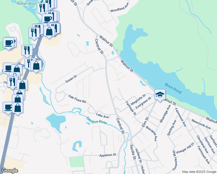 map of restaurants, bars, coffee shops, grocery stores, and more near 81 Central Street in Saugus