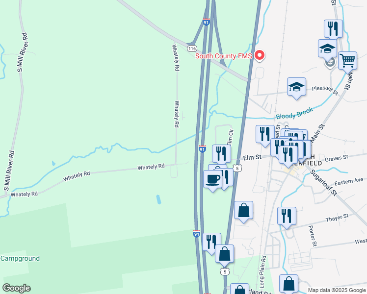 map of restaurants, bars, coffee shops, grocery stores, and more near 59 Whately Rd in Deerfield