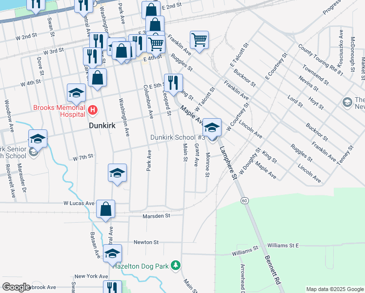 map of restaurants, bars, coffee shops, grocery stores, and more near 707 Main Street in Dunkirk