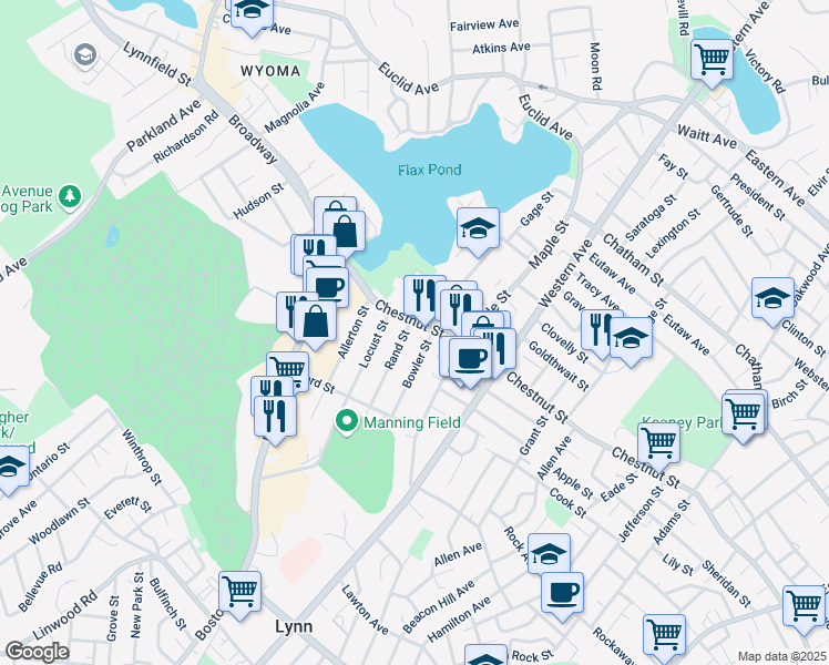 map of restaurants, bars, coffee shops, grocery stores, and more near 606 Chestnut Street in Lynn