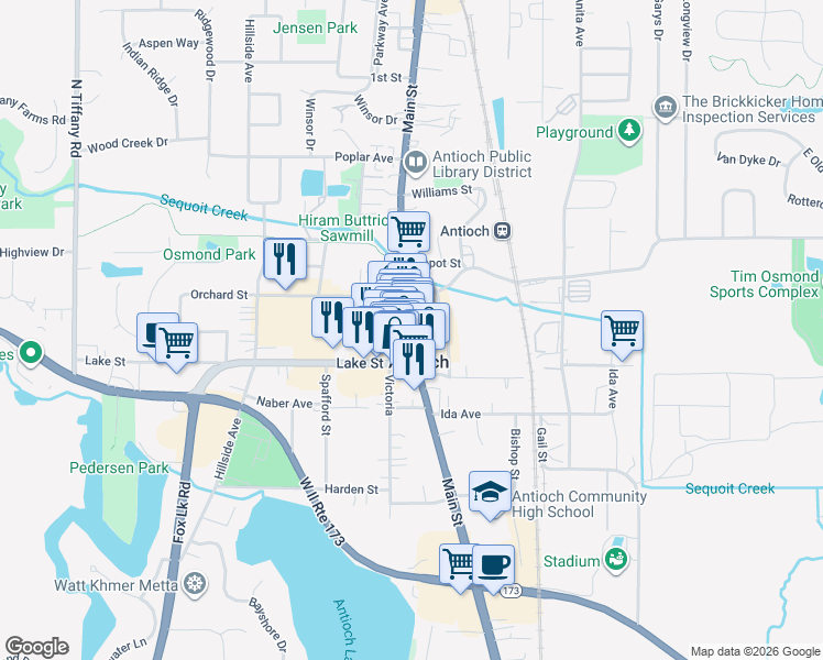 map of restaurants, bars, coffee shops, grocery stores, and more near 896 Main Street in Antioch