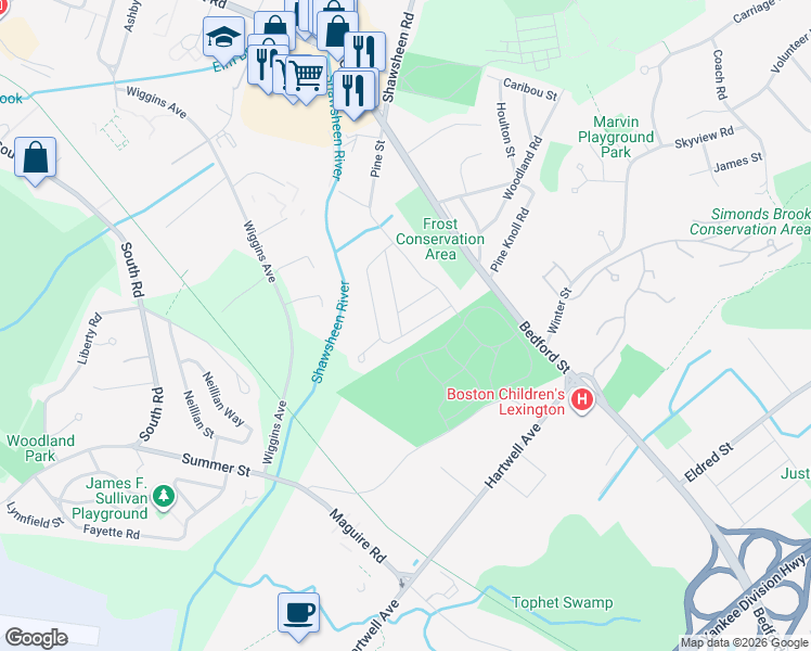 map of restaurants, bars, coffee shops, grocery stores, and more near 14 Sunnyfield Road in Bedford