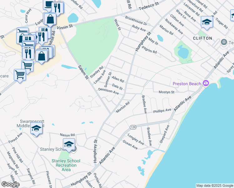 map of restaurants, bars, coffee shops, grocery stores, and more near 8 Dennison Avenue in Swampscott