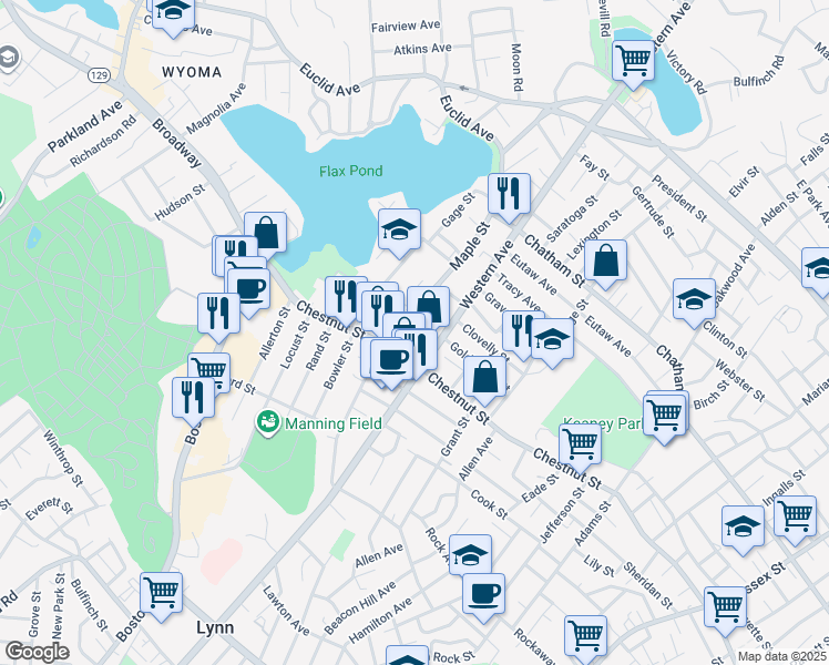map of restaurants, bars, coffee shops, grocery stores, and more near 15 Sanborn Terrace in Lynn