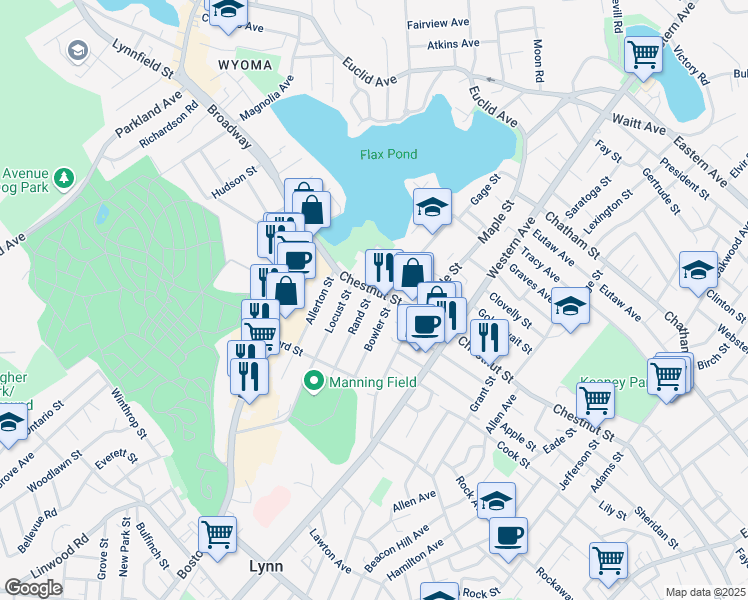 map of restaurants, bars, coffee shops, grocery stores, and more near 606 Chestnut Street in Lynn
