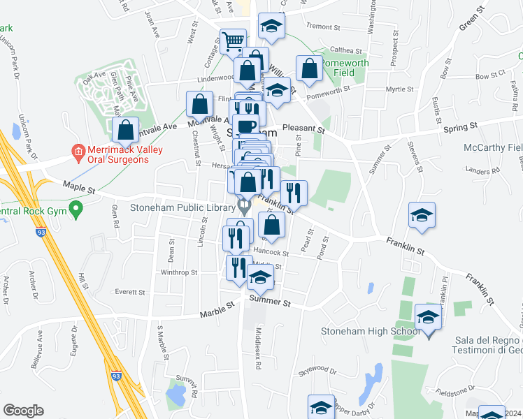 map of restaurants, bars, coffee shops, grocery stores, and more near 422 Main Street in Stoneham