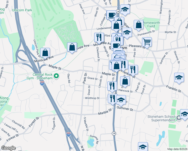 map of restaurants, bars, coffee shops, grocery stores, and more near 36a Maple Street in Stoneham