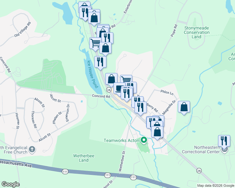 map of restaurants, bars, coffee shops, grocery stores, and more near 103 Great Road in Acton