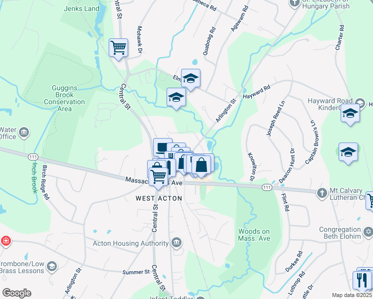map of restaurants, bars, coffee shops, grocery stores, and more near 219 Arlington Street in Acton