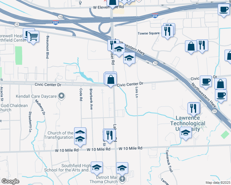 map of restaurants, bars, coffee shops, grocery stores, and more near 25866 Lahser Road in Southfield