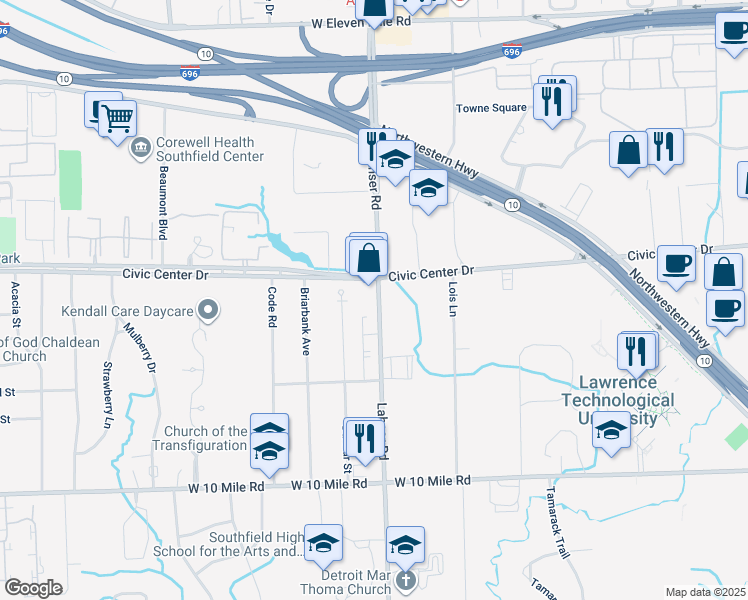 map of restaurants, bars, coffee shops, grocery stores, and more near 25866 Lahser Road in Southfield