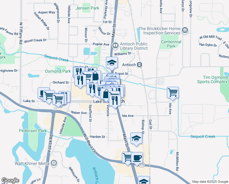 map of restaurants, bars, coffee shops, grocery stores, and more near 896 Main Street in Antioch