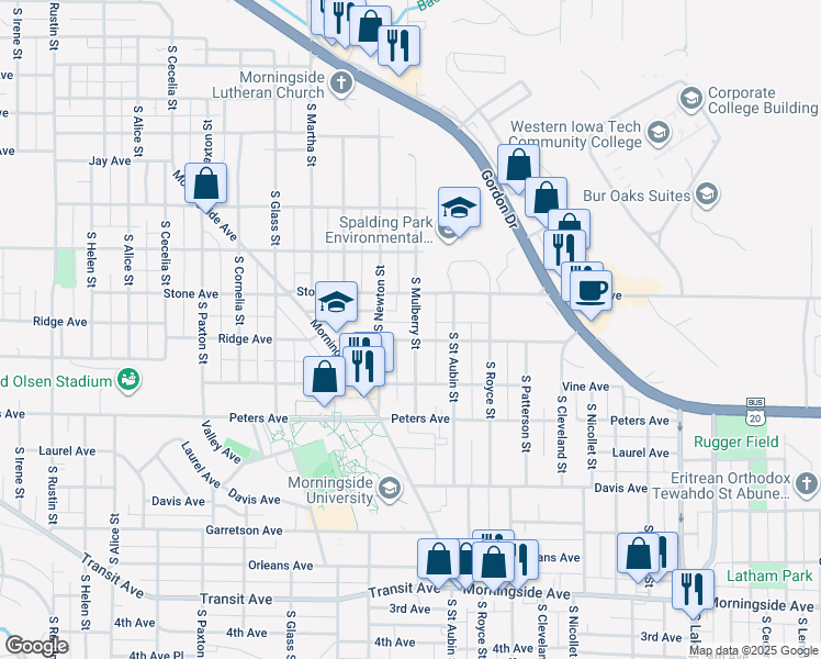 map of restaurants, bars, coffee shops, grocery stores, and more near 1218 South Mulberry Street in Sioux City