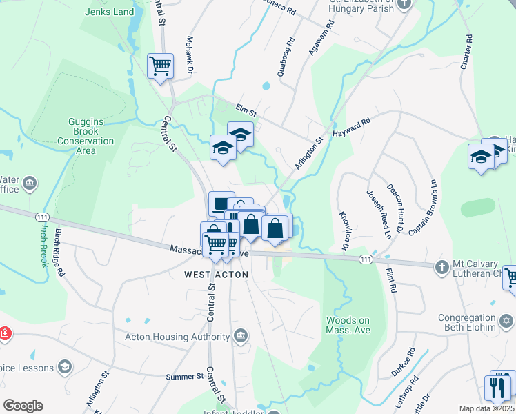 map of restaurants, bars, coffee shops, grocery stores, and more near 219 Arlington Street in Acton