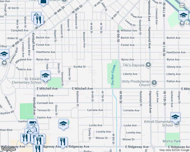 map of restaurants, bars, coffee shops, grocery stores, and more near 1828 West 6th Street in Waterloo