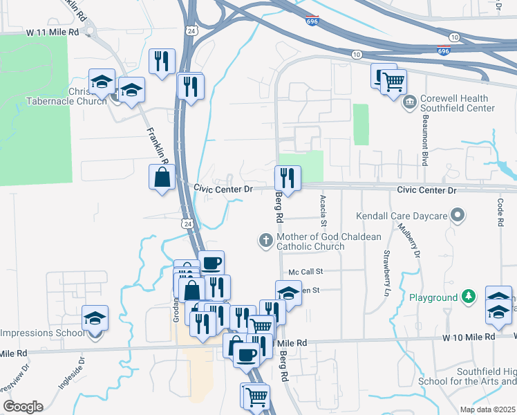 map of restaurants, bars, coffee shops, grocery stores, and more near 24111 Civic Center Drive in Southfield