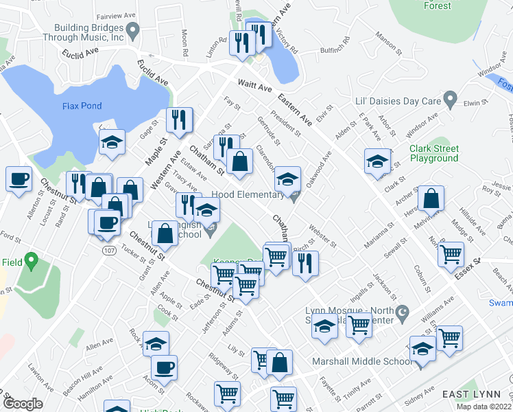 map of restaurants, bars, coffee shops, grocery stores, and more near 380 Chatham Street in Lynn