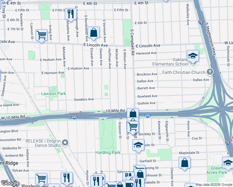 map of restaurants, bars, coffee shops, grocery stores, and more near 1323 Hoffman Avenue in Royal Oak