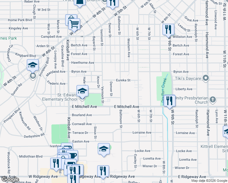 map of restaurants, bars, coffee shops, grocery stores, and more near 1409-1411 Denver Street in Waterloo