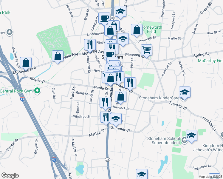 map of restaurants, bars, coffee shops, grocery stores, and more near 422 Main Street in Stoneham