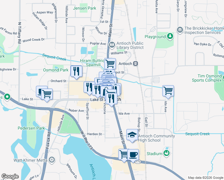 map of restaurants, bars, coffee shops, grocery stores, and more near 896 Main Street in Antioch