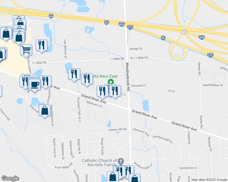 map of restaurants, bars, coffee shops, grocery stores, and more near Hamlet North in Novi