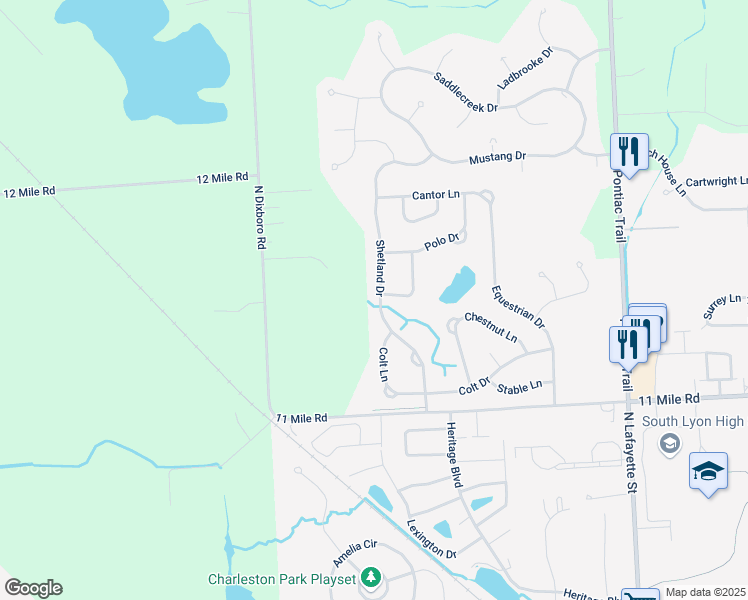 map of restaurants, bars, coffee shops, grocery stores, and more near 1095 Shetland Drive in South Lyon