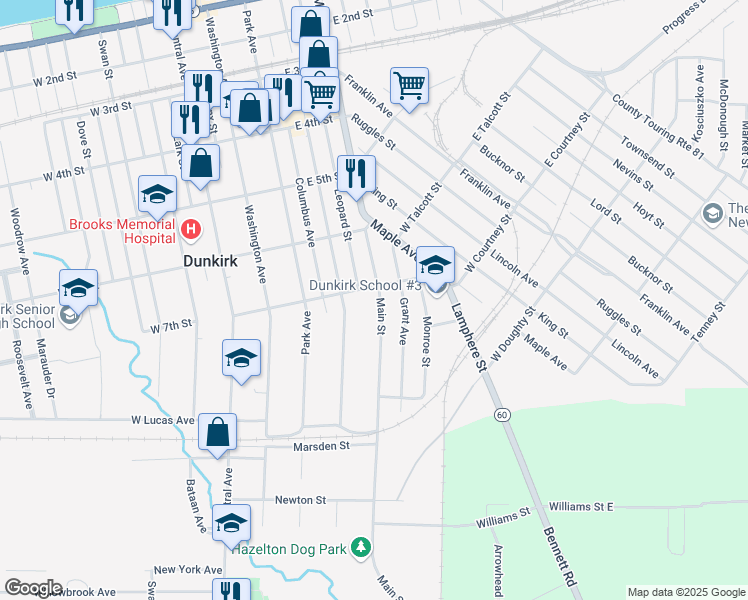 map of restaurants, bars, coffee shops, grocery stores, and more near 715 Main Street in Dunkirk