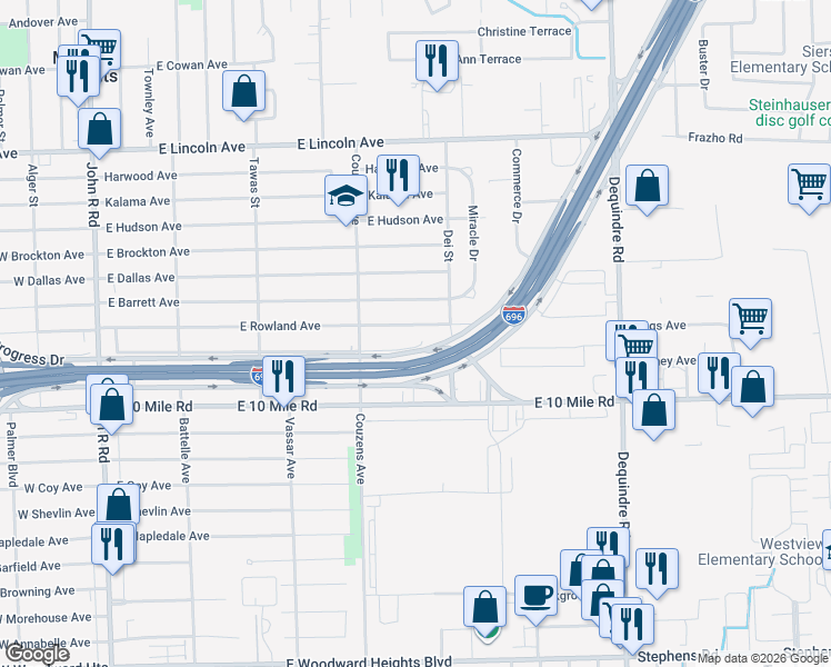 map of restaurants, bars, coffee shops, grocery stores, and more near 1204 E Rowland Ave in Madison Heights