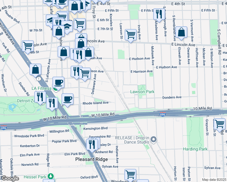 map of restaurants, bars, coffee shops, grocery stores, and more near 433 East Kenilworth Avenue in Royal Oak