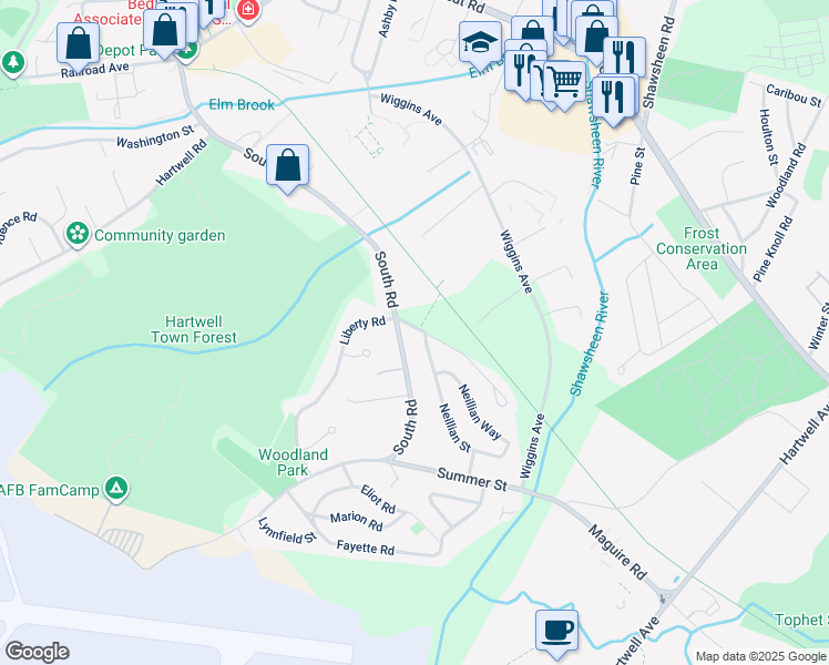 map of restaurants, bars, coffee shops, grocery stores, and more near 79 Evergreen Avenue in Bedford