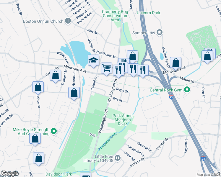 map of restaurants, bars, coffee shops, grocery stores, and more near 19 Grape Street in Woburn