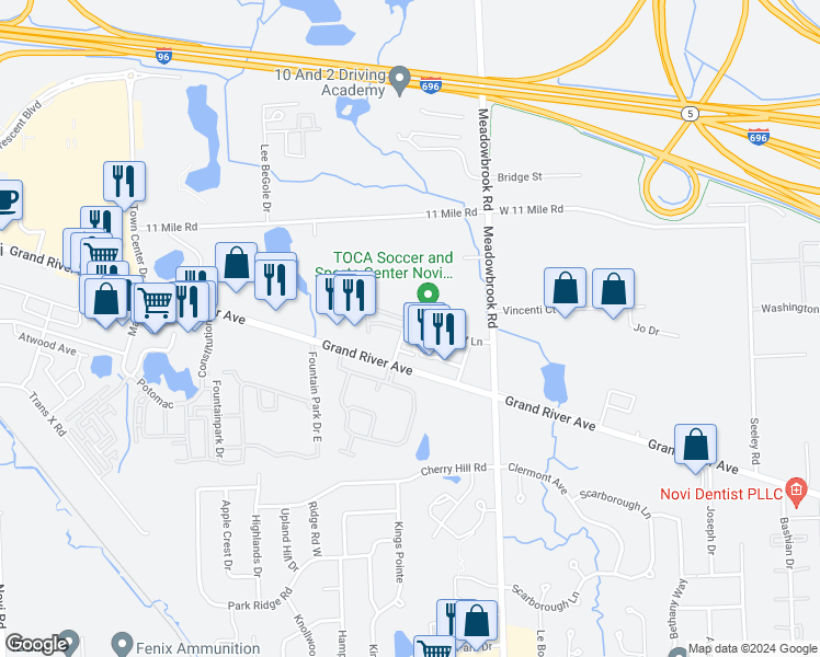 map of restaurants, bars, coffee shops, grocery stores, and more near 25630 Portico Lane in Novi
