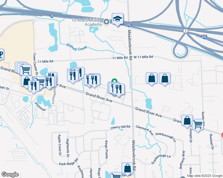 map of restaurants, bars, coffee shops, grocery stores, and more near 25626 Orianna Lane in Novi