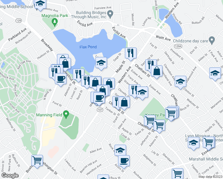 map of restaurants, bars, coffee shops, grocery stores, and more near 15 Sanborn Terrace in Lynn