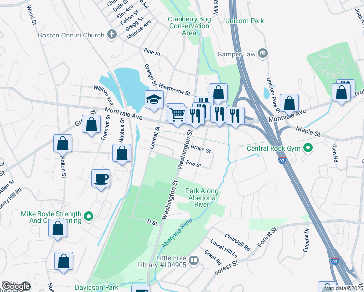 map of restaurants, bars, coffee shops, grocery stores, and more near 19 Grape Street in Woburn