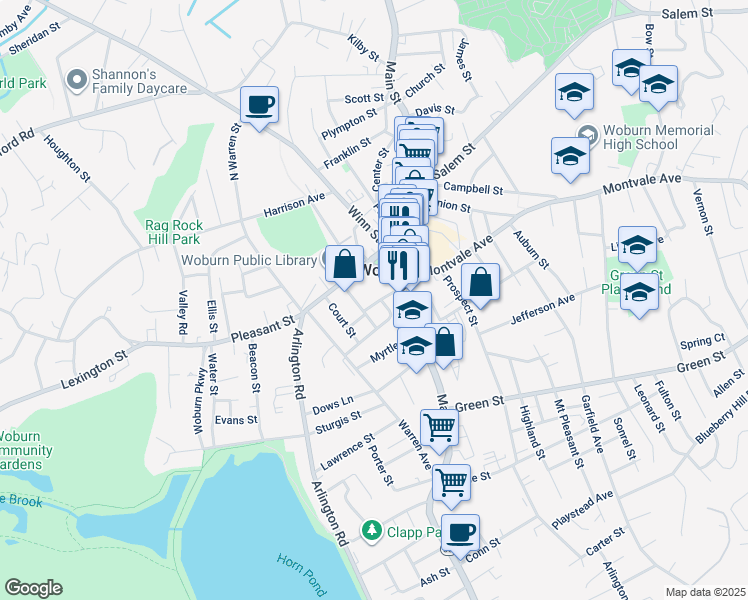 map of restaurants, bars, coffee shops, grocery stores, and more near 8 Church Avenue in Woburn