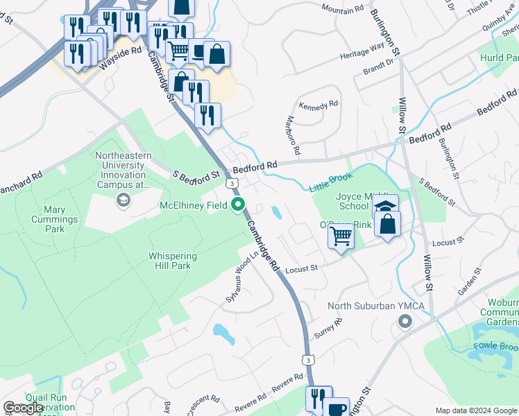 map of restaurants, bars, coffee shops, grocery stores, and more near 50 Cambridge Road in Woburn