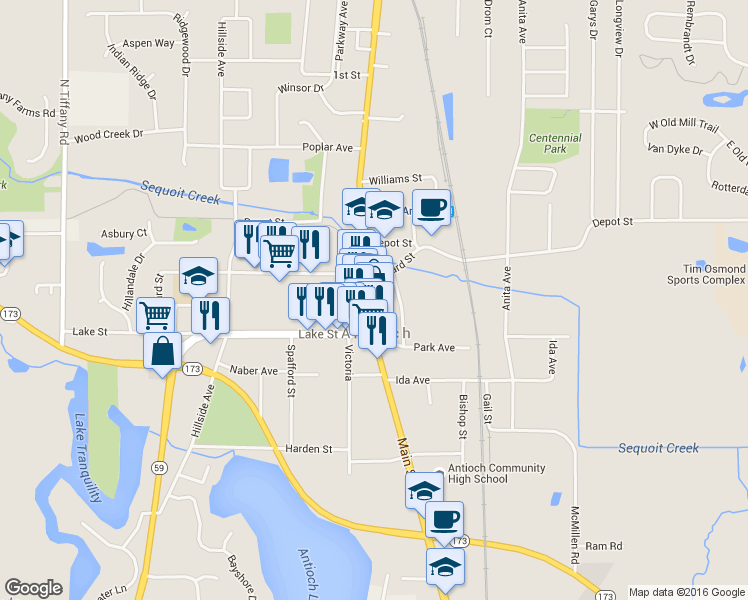 map of restaurants, bars, coffee shops, grocery stores, and more near 954976 Skidmore Drive in Antioch