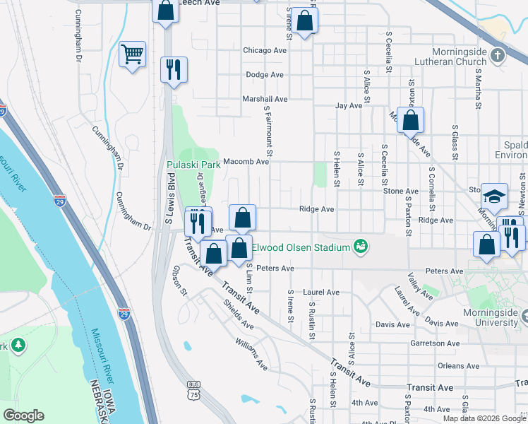 map of restaurants, bars, coffee shops, grocery stores, and more near 2601 Ridge Avenue in Sioux City