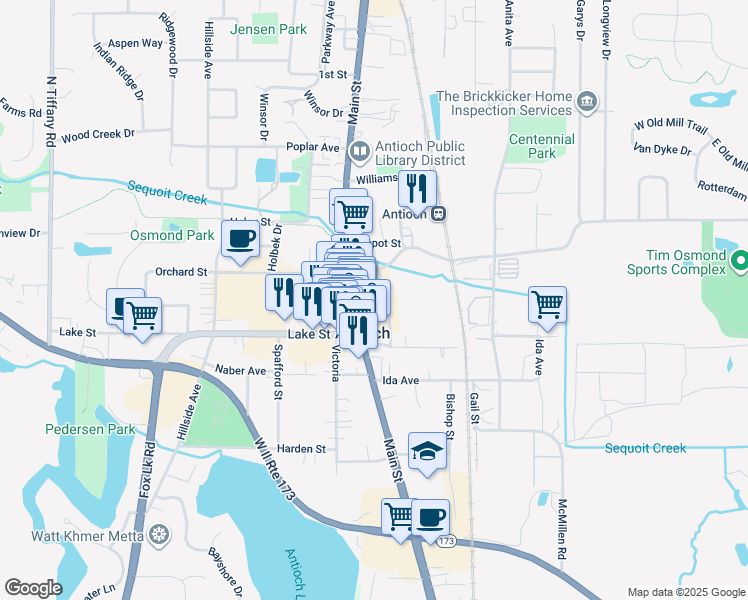 map of restaurants, bars, coffee shops, grocery stores, and more near 954976 Skidmore Drive in Antioch