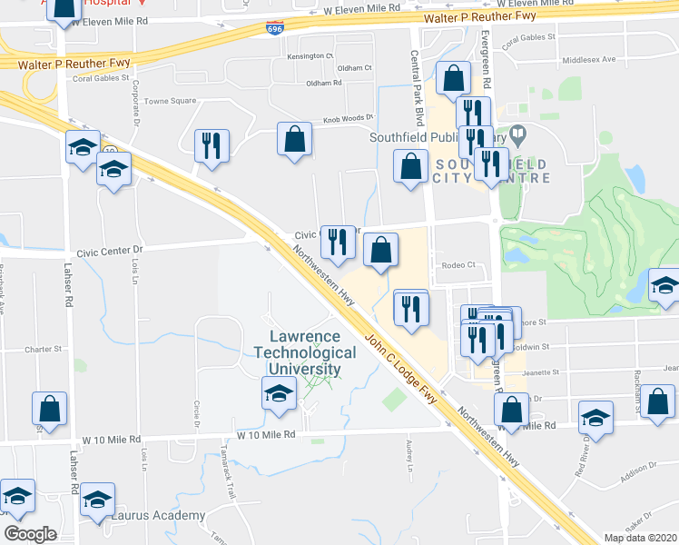 map of restaurants, bars, coffee shops, grocery stores, and more near 25800 Northwestern Highway in Southfield