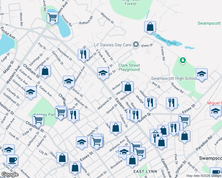 map of restaurants, bars, coffee shops, grocery stores, and more near 10 Archer Street in Lynn
